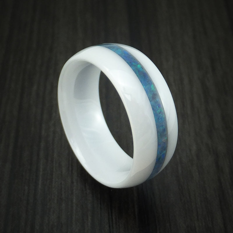 White Ceramic Ring With Opal Inlay Custom Made Band