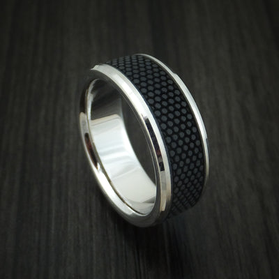 14K White Gold Ring With Patterned Carbon Fiber Custom Made Band