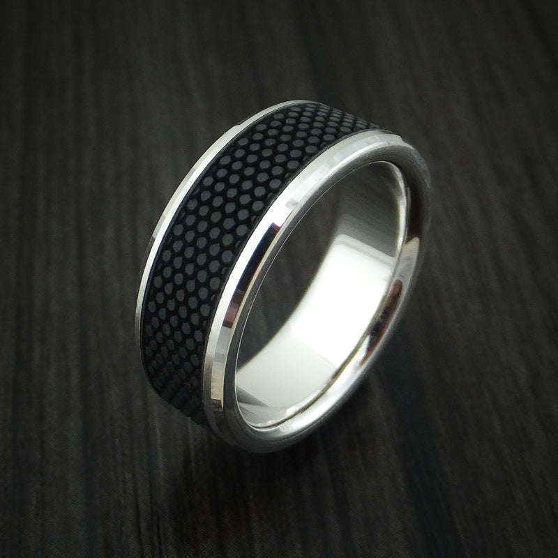 14K White Gold Ring With Patterned Carbon Fiber Custom Made Band