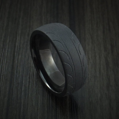 Black Titanium or Black Zirconium Custom Men's Ring with Tire Tread Pattern