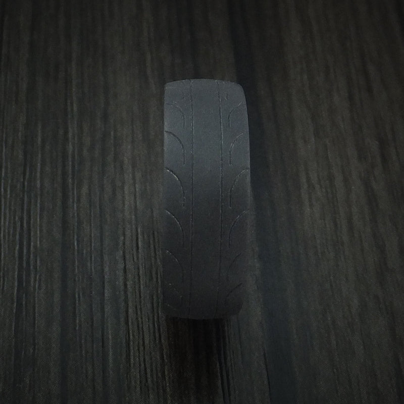 Black Titanium Tire Tread Textured Carved Men's Ring