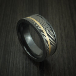 Black Titanium And Damascus Steel Band 14K Yellow Gold Custom Made Ring