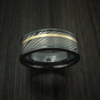 Black Zirconium And Damascus Steel Band 14K Yellow Gold Custom Made Ring