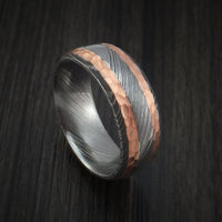 Damascus Steel Ring with Hammered Copper Inlays Custom Made Band