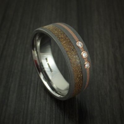 Titanium And Tan Dinosaur Bone Ring With 14K Rose Gold and Diamonds Custom Made Fossil Band