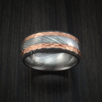 Damascus Steel Ring with Hammered Copper Inlays Custom Made Band