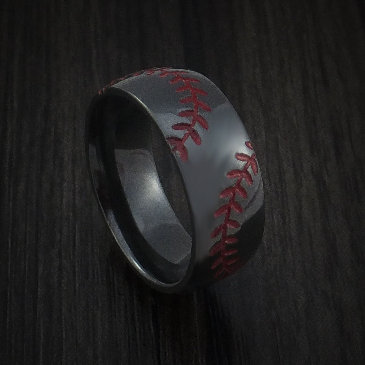 Black Zirconium Baseball Men's Ring with Double Stitching Polish Finis ...
