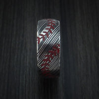 Kuro Damascus Steel Baseball Ring with Double Stitching Acid Finish