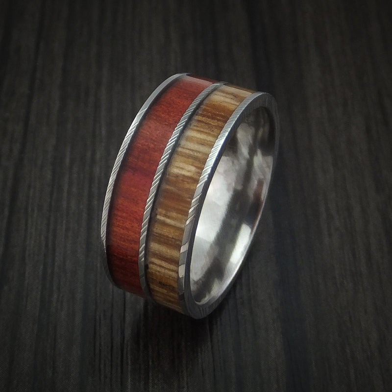 Damascus Steel Ring with Teak and Red Heart Hardwood Inlays Custom Made Band
