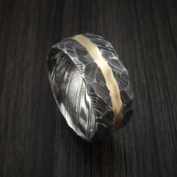 Kuro Damascus Steel Ring and 14k Yellow Gold Wedding Band Hammered Genuine Craftsmanship Custom Made