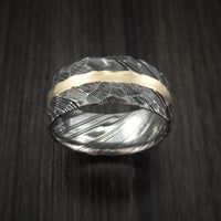 Kuro Damascus Steel Ring and 14k Yellow Gold Wedding Band Hammered Genuine Craftsmanship Custom Made
