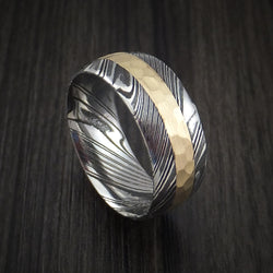 Kuro Damascus Steel and Hammered 14k Yellow Gold Band Custom Made