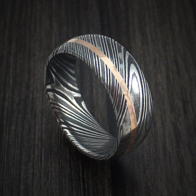 Kuro Damascus Steel Ring and 14k Yellow Gold Wedding Band Genuine Craftsmanship Custom Made