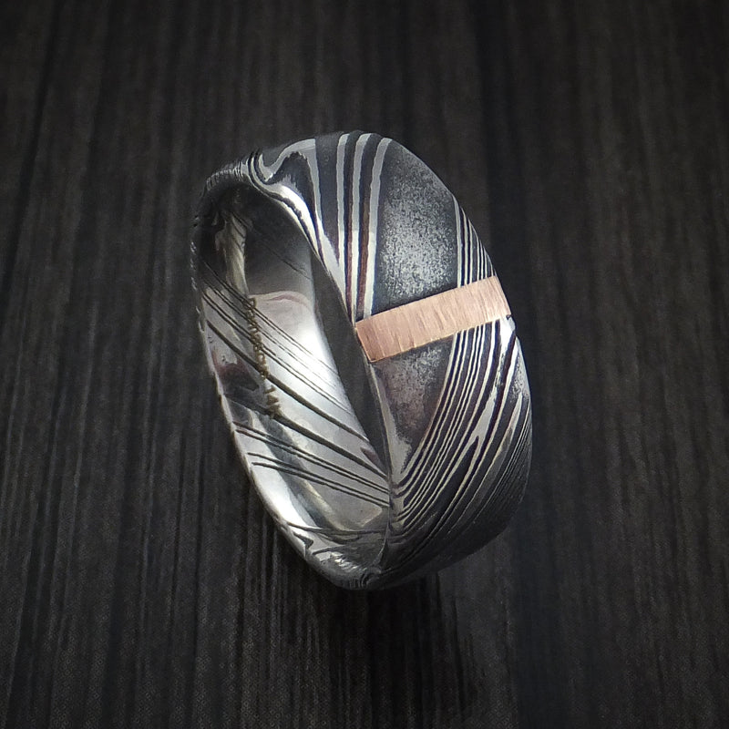Kuro Damascus Steel Ring with 14k Rose Gold Vertical Inlay Custom Made Band