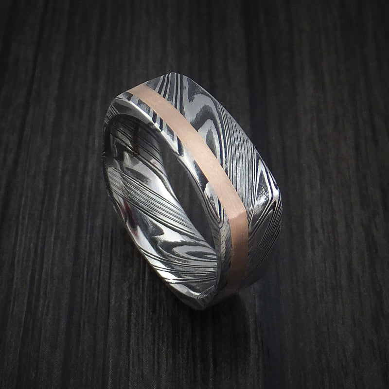 Kuro Damascus Steel Square Ring with 14k Rose Gold Inlay Custom Made Band