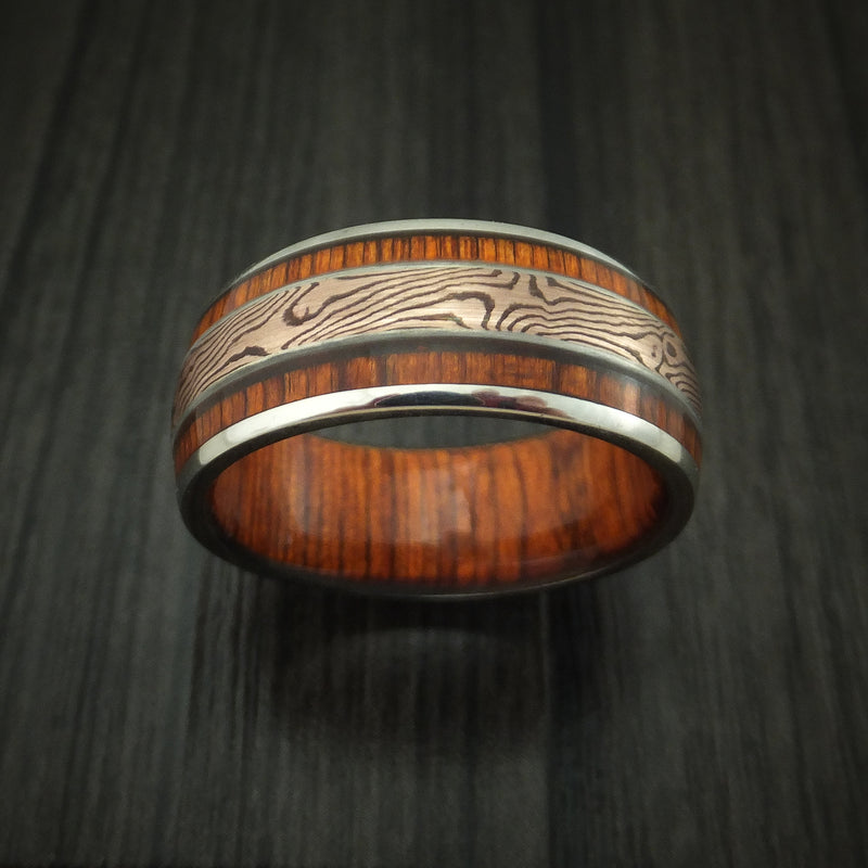 14K White Gold Ring with Hardwood Inlays and Mokume Custom Made Band