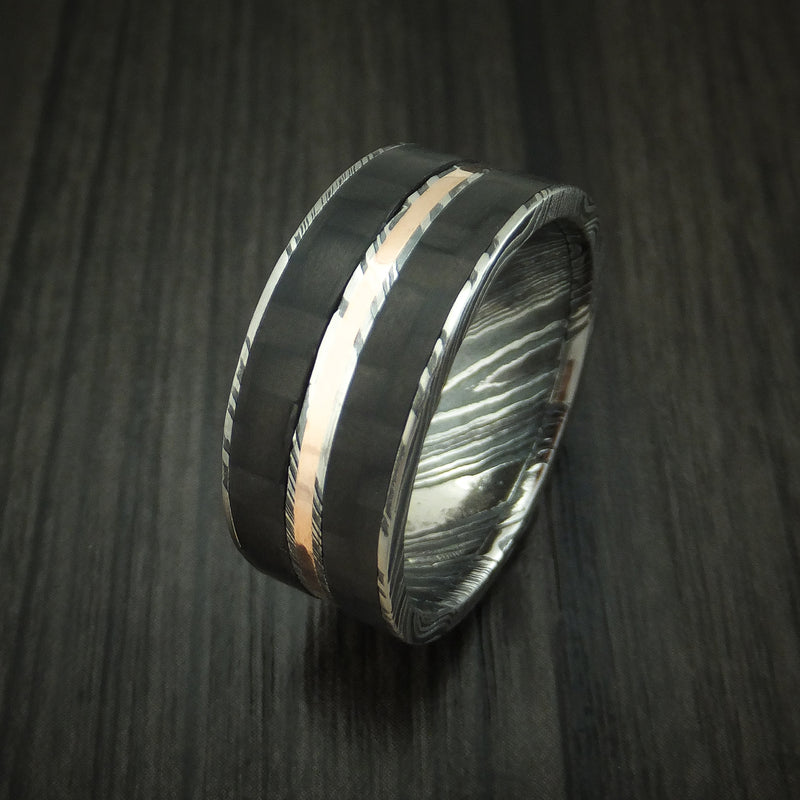 Kuro Damascus Steel Carbon Fiber and Gold Ring Custom Made Band