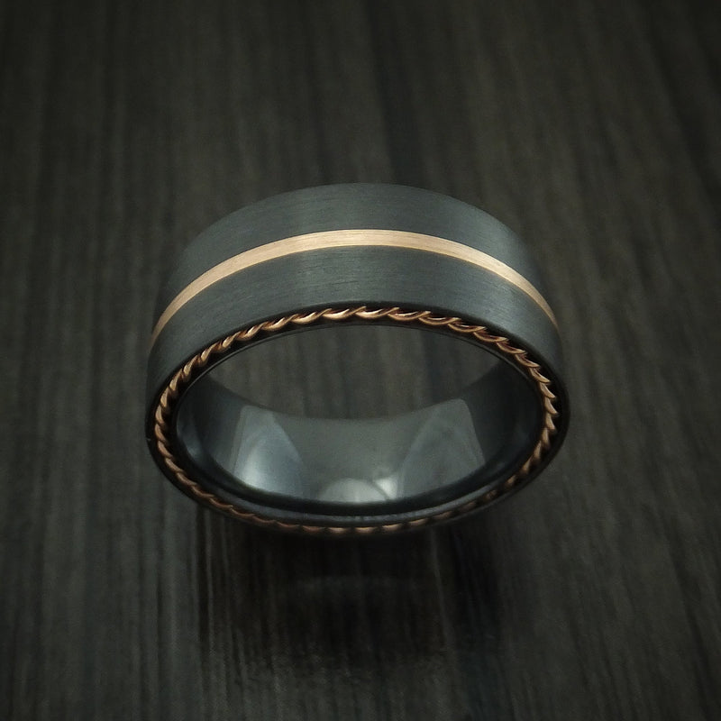 Black Titanium Ring with Gold Inlay and Side Braids Custom Made Band