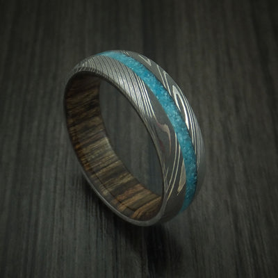 Damascus Steel and Turquoise Band with Wood Sleeve Custom Made Ring