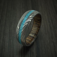 Damascus Steel and Turquoise Band with Wood Sleeve Custom Made Ring