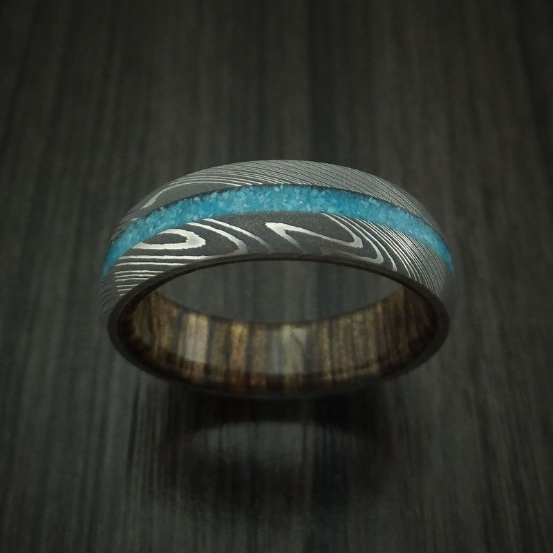 Damascus Steel and Turquoise Band with Wood Sleeve Custom Made Ring