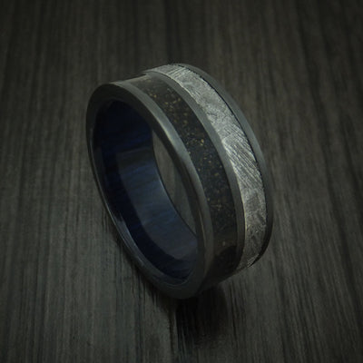Black Titanium Dinosaur Bone and Gibeon Meteorite Ring with Wood Sleeve Custom Made Fossil Band