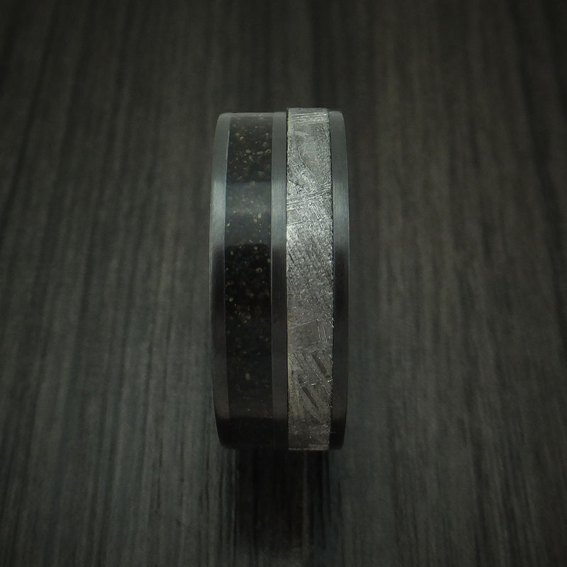Black Zirconium Dinosaur Bone and Gibeon Meteorite Ring with Wood Sleeve Custom Made Fossil Band