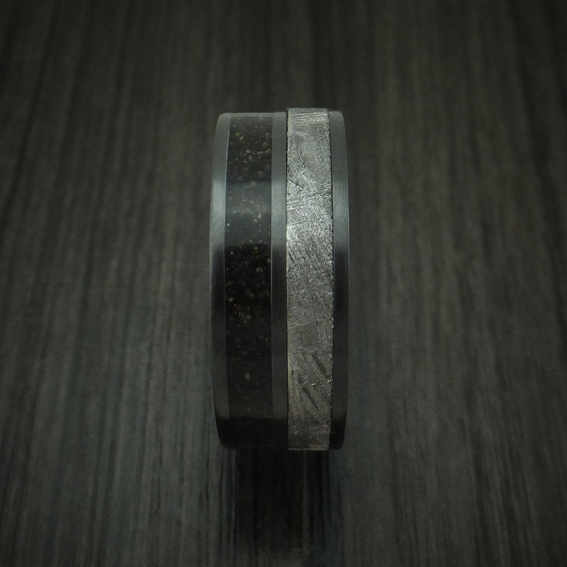 Black Titanium Dinosaur Bone and Gibeon Meteorite Ring with Wood Sleeve Custom Made Fossil Band