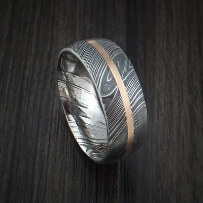 Kuro Damascus Steel Ring and 14k Rose Gold Wedding Band Genuine Craftsmanship Custom Made