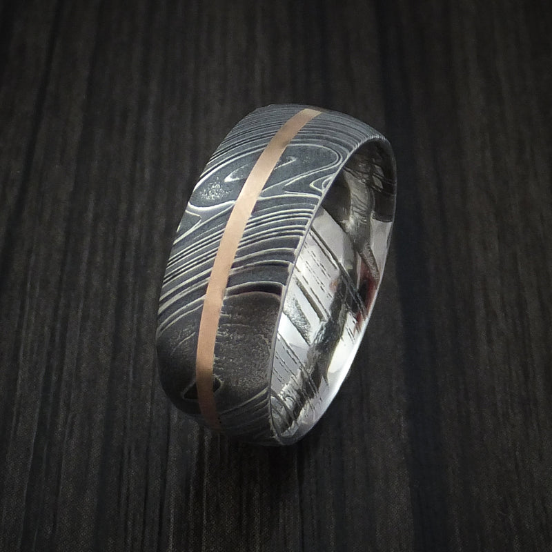 Kuro Damascus Steel Ring and 14k Rose Gold Wedding Band Genuine Craftsmanship Custom Made