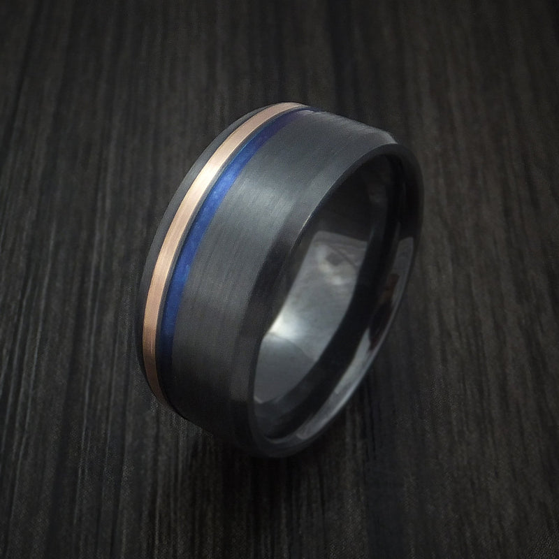 Black Titanium Men's Ring with 14k Rose Gold Inlay and Anodized Groove Custom Made Band