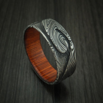 Marble Kuro Damascus Steel Wave Ring with Wood Sleeve Custom Made