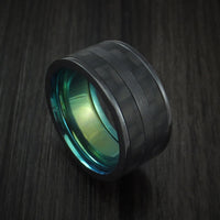 Black Titanium Men's Ring with Black Carbon Fiber Inlay and Green Anodized Sleeve Custom Made Band