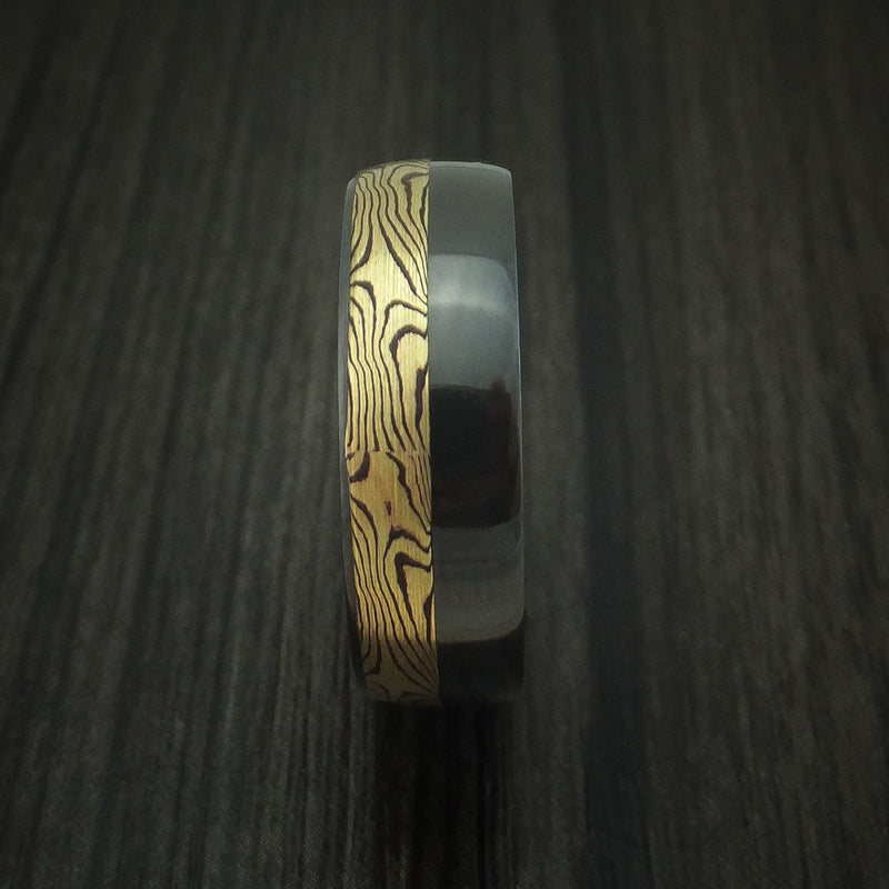 Black Zirconium And Yellow Gold Mokume Shakudo Ring Custom Made Band