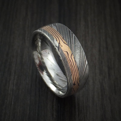 Kuro Damascus Steel Ring with 14k Rose Gold Mokume Shakudo Inlay Custom Made Band