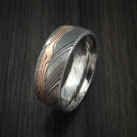 Kuro Damascus Steel Ring with 14k Rose Gold Mokume Shakudo Inlay Custom Made Band