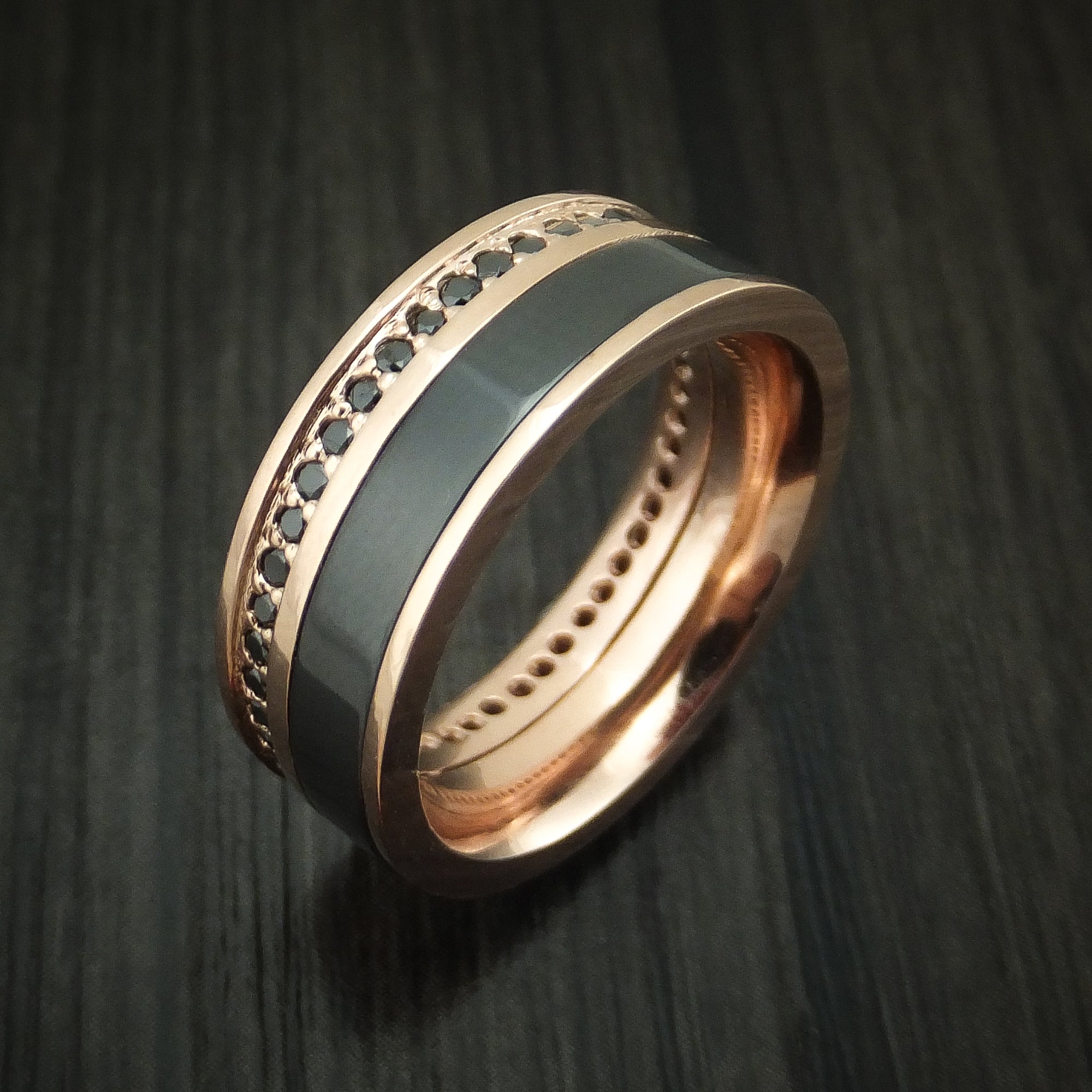 14K Rose Gold Men's Ring with Black Zirconium and Black Diamond Eterni ...