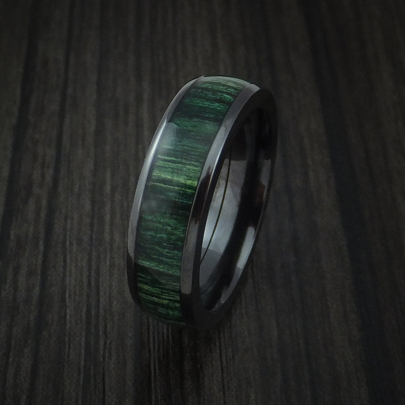 Wood Ring and Black Zirconium Band inlaid with JADE HARD WOOD Custom Made to Any Size and Optional Wood Types