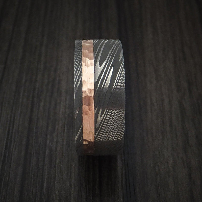 Damascus Steel and Hammered 14k Rose Gold Ring with Jade Hardwood Sleeve Custom Made