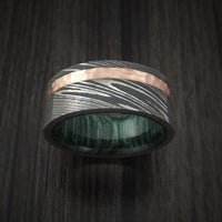 Damascus Steel and Hammered 14k Rose Gold Ring with Jade Hardwood Sleeve Custom Made
