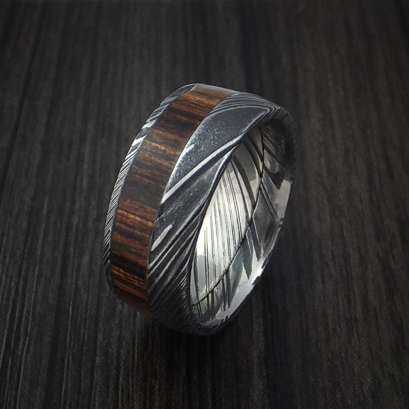 Kuro Damascus Steel Ring with Ziriciote Hardwood Inlay Custom Made Band
