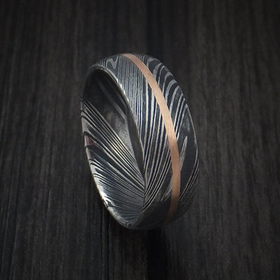 Kuro Damascus Steel Ring and 14k Rose Gold Wedding Band Genuine Craftsmanship Custom Made