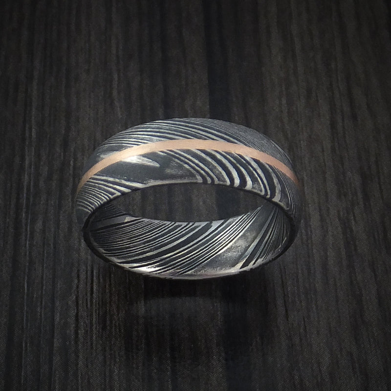 Kuro Damascus Steel Ring and 14k Rose Gold Wedding Band Genuine Craftsmanship Custom Made