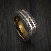 Squared Damascus Steel Ring with 14k Rose Gold Inlays and Anodized Titanium Sleeve Custom Made Band