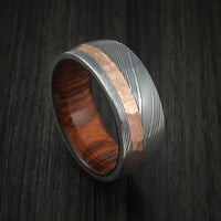 Damascus Steel and Hammered Copper Ring with Hardwood Sleeve Custom Made
