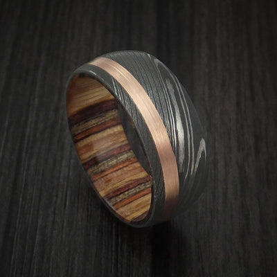 Damascus Steel and 14k Rose Gold Ring with Hardwood Sleeve Custom Made Band