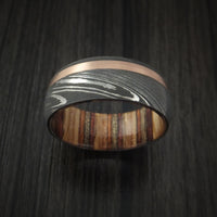 Damascus Steel and 14k Rose Gold Ring with Hardwood Sleeve Custom Made Band