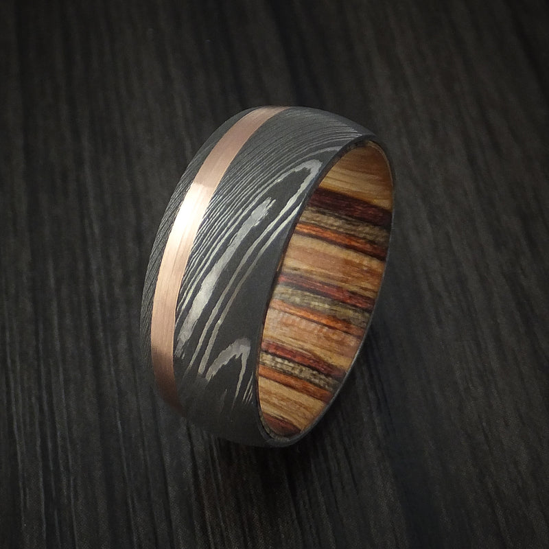 Damascus Steel and 14k Rose Gold Ring with Hardwood Sleeve Custom Made Band