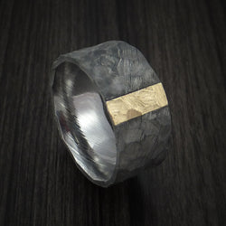 Damascus Steel Wide Ring with Hammer Finish and Vertical 14k Yellow Gold Inlay Custom Made Band