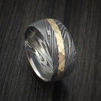 Kuro Damascus Steel Ring and 14k Yellow Gold Hammered Wedding Band Genuine Craftsmanship Custom Made